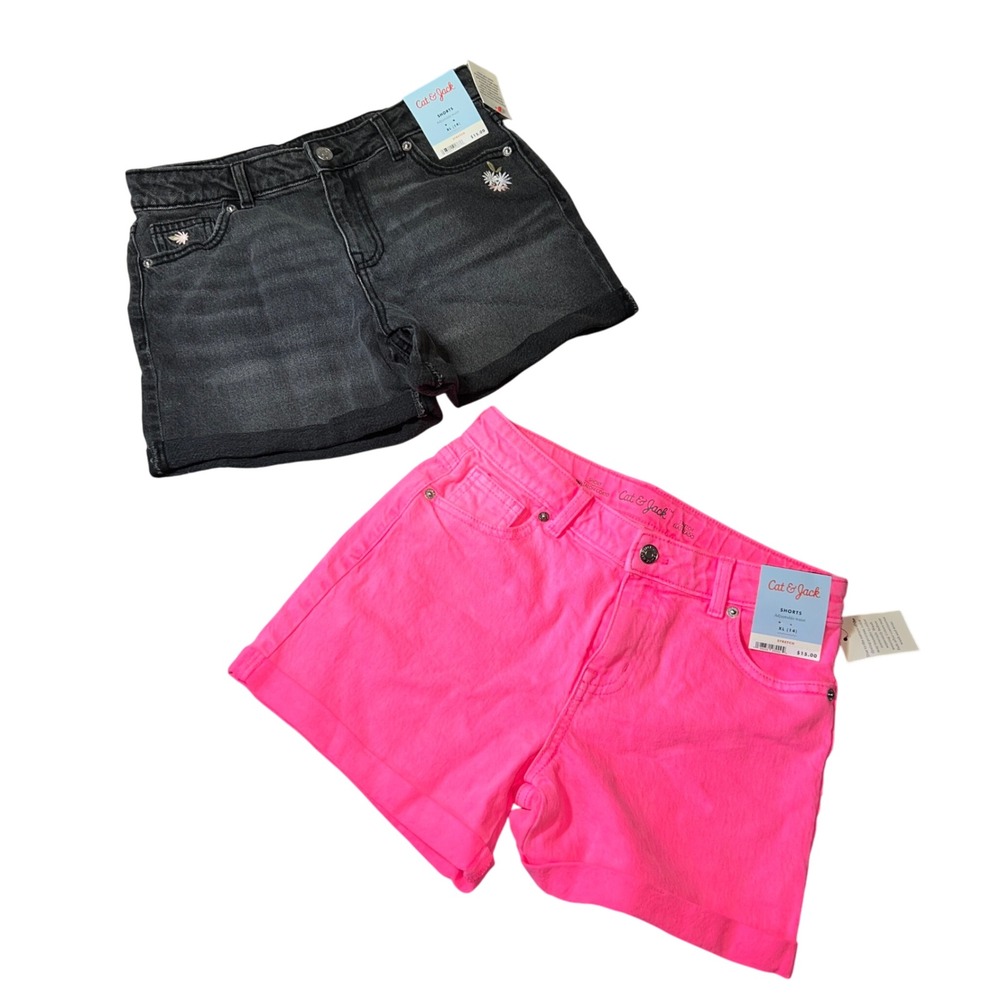 Cat & Jack Girls Stretch Adjustable Waist Denim Shorts LOT Black Pink XL 14 NWT